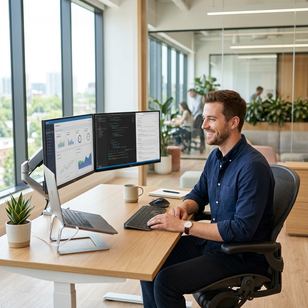PPC Specialist working on dual monitors