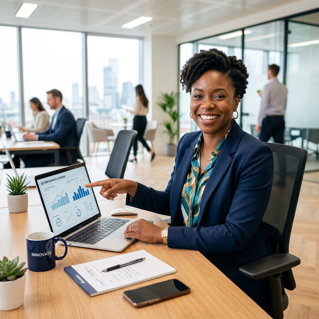Businesswoman pointing at screen